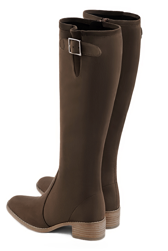 Chocolate brown women's knee-high boots with buckles. Round toe. Low leather soles. Made to measure. Rear view - Florence KOOIJMAN
